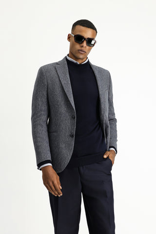 Orta Lacivert 7 Drop Super Slim Fit Eksra Dar Kesim Yünlü Klasik Desenli Ceket