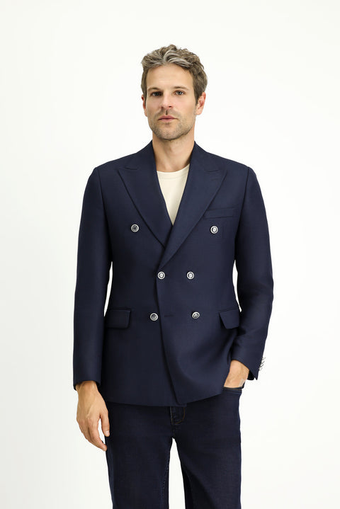 Koyu Lacivert 7 Drop Slim Fit Dar Kesim Desenli Kruvaze Ceket