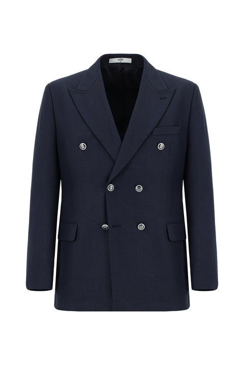Koyu Lacivert 7 Drop Slim Fit Dar Kesim Desenli Kruvaze Ceket