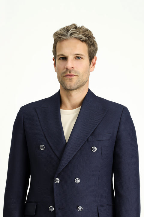 Koyu Lacivert 7 Drop Slim Fit Dar Kesim Desenli Kruvaze Ceket