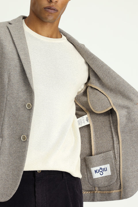 Orta Bej 7 Drop Super Slim Fit Eksra Dar Kesim Yünlü Spor Ceket