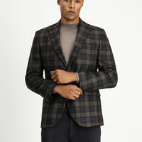 Koyu Kahve Slim Fit Dar Kesim Klasik Ekose Yün Ceket