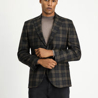 Koyu Kahve 7 Drop Slim Fit Dar Kesim Klasik Ekose Yün Ceket