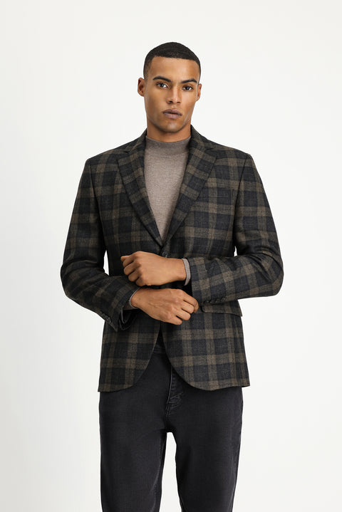 Koyu Kahve 7 Drop Slim Fit Dar Kesim Klasik Ekose Yün Ceket