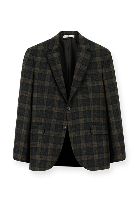 Koyu Kahve 7 Drop Slim Fit Dar Kesim Klasik Ekose Yün Ceket