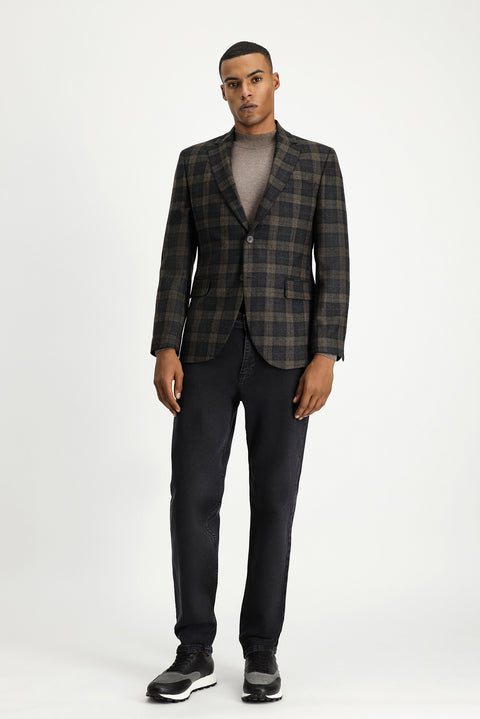 Koyu Kahve 7 Drop Slim Fit Dar Kesim Klasik Ekose Yün Ceket