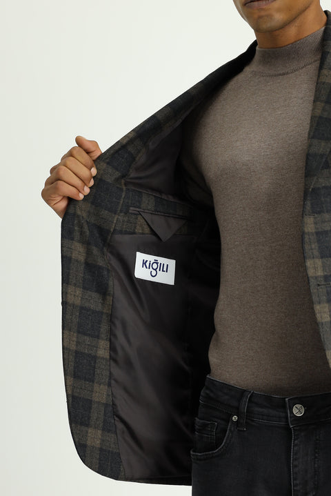 Koyu Kahve 7 Drop Slim Fit Dar Kesim Klasik Ekose Yün Ceket