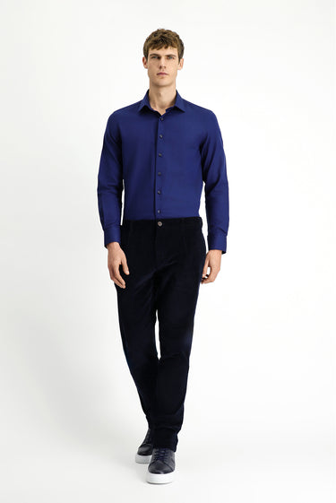 Koyu Lacivert Regular Fit Likralı Pileli Kadife Pantolon