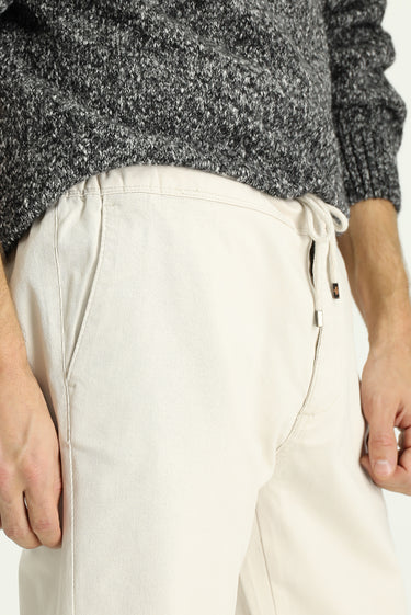 Krem Slim Fit Dar Kesim Likralı Beli Lastikli İpli Pantolon