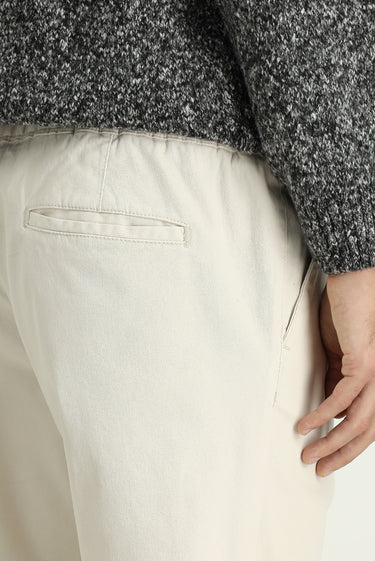 Krem Slim Fit Dar Kesim Likralı Beli Lastikli İpli Pantolon