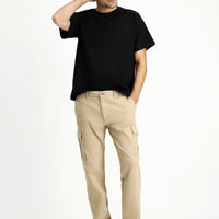 Light Beige Regular Fit Standard Cut Elasticated Waist Cargo Trousers with Lycra