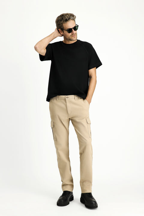 Light Beige Regular Fit Standard Cut Elasticated Waist Cargo Trousers with Lycra