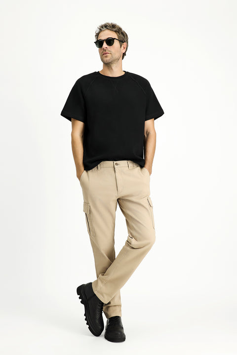 Light Beige Regular Fit Standard Cut Elasticated Waist Cargo Trousers with Lycra