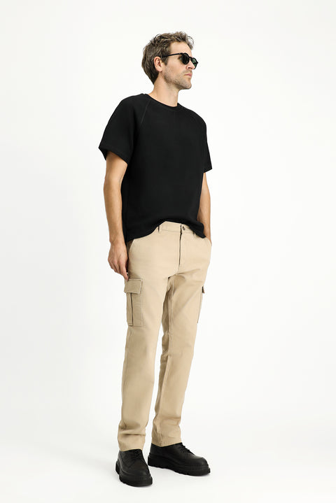 Light Beige Regular Fit Standard Cut Elasticated Waist Cargo Trousers with Lycra