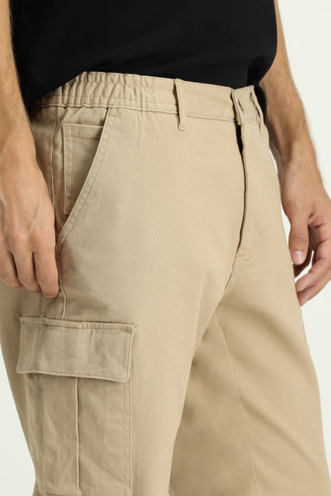 Light Beige Regular Fit Standard Cut Elasticated Waist Cargo Trousers with Lycra