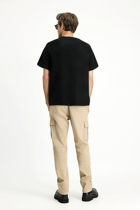 Light Beige Regular Fit Standard Cut Elasticated Waist Cargo Trousers with Lycra