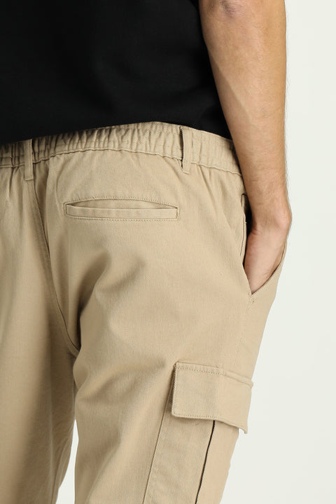 Light Beige Regular Fit Standard Cut Elasticated Waist Cargo Trousers with Lycra
