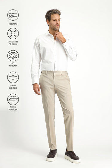 Açık Bej Techno-Line Slim Fit Dar Kesim Likralı Örme Klasik Kumaş Pantolon