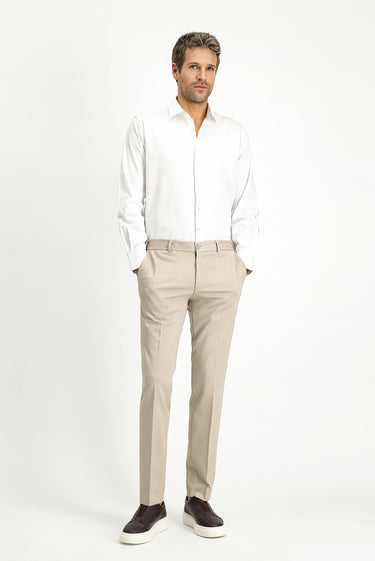 Açık Bej Techno-Line Slim Fit Dar Kesim Likralı Örme Klasik Kumaş Pantolon
