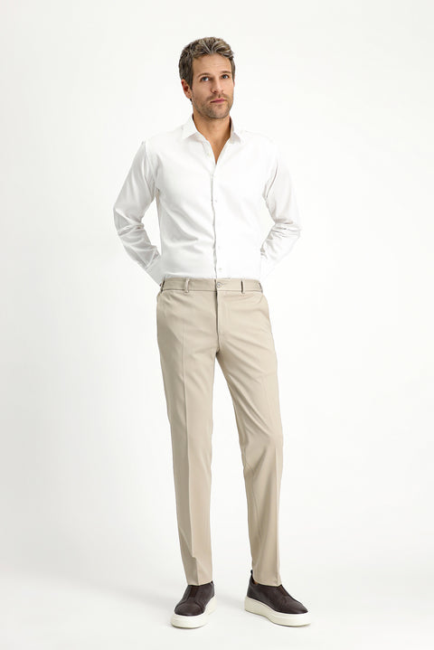 Açık Bej Techno-Line 7 Drop Slim Fit Dar Kesim Likralı Örme Klasik Kumaş Pantolon