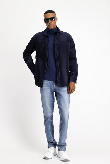 Açık Lacivert Uzun Kol Oversize Pamuk Kadife Gömlek