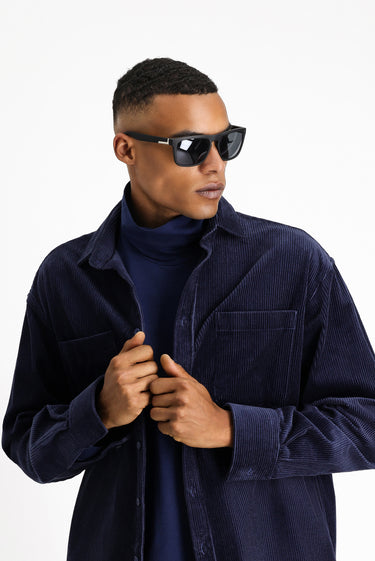 Açık Lacivert Uzun Kol Oversize Pamuk Kadife Gömlek