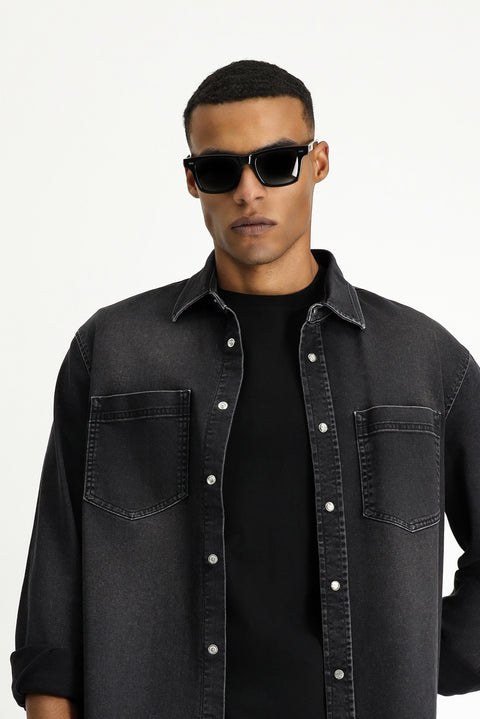 Siyah Uzun Kol Regular Fit Denim Pamuklu Gömlek