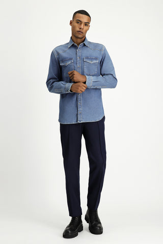 Koyu Lacivert Uzun Kol Regular Fit Pamuklu Denim Gömlek