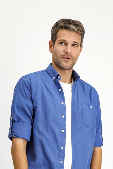 Koyu Mavi  Uzun Kol Regular Fit Spor Düğmeli Yaka Gömlek