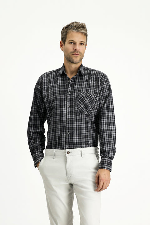 Black Long Sleeve Regular Fit Sport Plaid Cotton Shirt