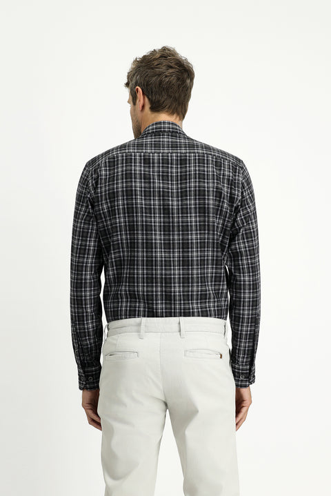 Black Long Sleeve Regular Fit Sport Plaid Cotton Shirt