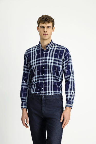 Koyu Lacivert Uzun Kol Regular Fit Ekose Spor Düğmeli Yaka Pamuk Gömlek