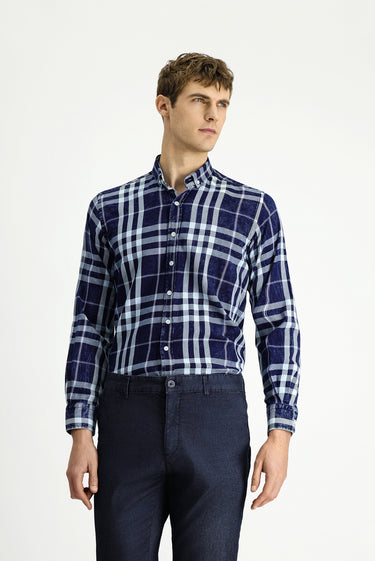 Koyu Lacivert Uzun Kol Regular Fit Ekose Spor Düğmeli Yaka Pamuk Gömlek