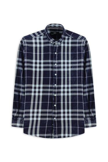 Koyu Lacivert Uzun Kol Regular Fit Ekose Spor Düğmeli Yaka Pamuk Gömlek