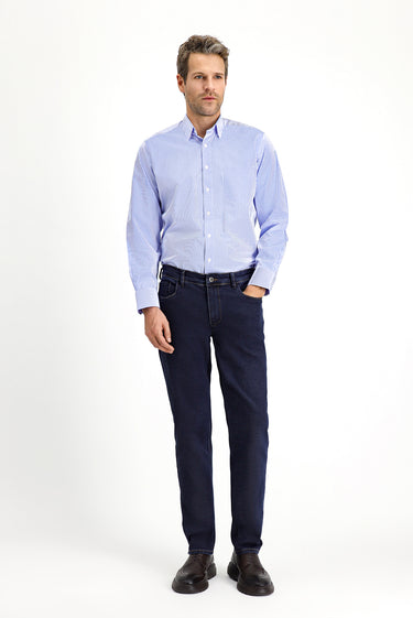 Mavi Uzun Kol Klasik Çizgili Pamuk Gömlek