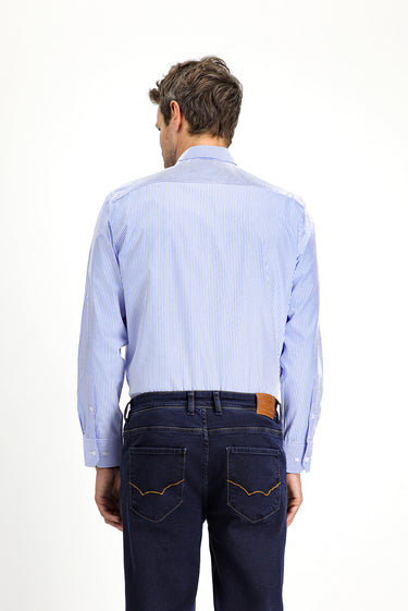 Mavi Uzun Kol Klasik Çizgili Pamuk Gömlek