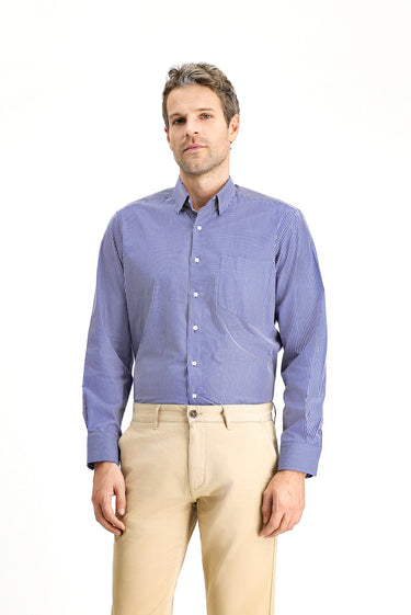 Koyu Lacivert Uzun Kol Klasik Çizgili Pamuk Gömlek