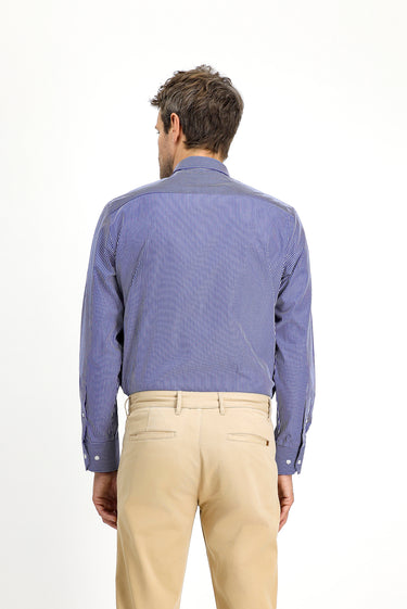 Koyu Lacivert Uzun Kol Klasik Çizgili Pamuk Gömlek