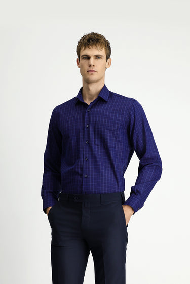 Orta Lacivert Uzun Kol Klasik Cepli Ekose Pamuk Gömlek