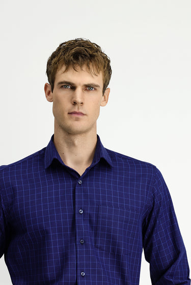 Orta Lacivert Uzun Kol Klasik Cepli Ekose Pamuk Gömlek