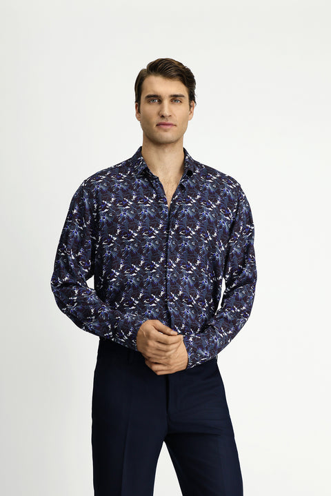 Dark Petrol Long Sleeve Regular Fit Sport Print Shirt
