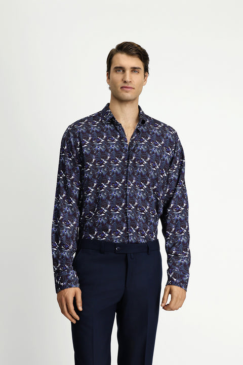 Dark Petrol Long Sleeve Regular Fit Sport Print Shirt