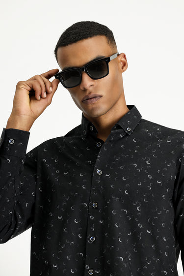Siyah Uzun Kol Regular Fit Baskılı Spor Pamuk Düğmeli Yaka Gömlek