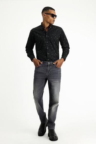 Siyah Uzun Kol Regular Fit Baskılı Spor Pamuk Düğmeli Yaka Gömlek