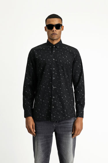 Siyah Uzun Kol Regular Fit Baskılı Spor Pamuk Düğmeli Yaka Gömlek