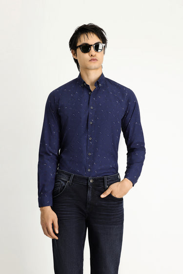 Orta Lacivert Uzun Kol Regular Fit Baskılı Spor Pamuk Düğmeli Yaka Gömlek