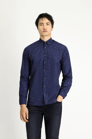 Orta Lacivert Uzun Kol Regular Fit Baskılı Spor Pamuk Düğmeli Yaka Gömlek