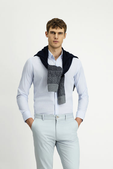 Açık Mavi Uzun Kol Slim Fit Dar Kesim Baskılı Pamuk Gömlek