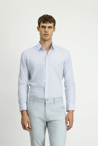 Açık Mavi Uzun Kol Slim Fit Dar Kesim Baskılı Pamuk Gömlek