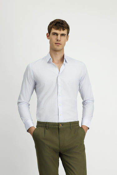 Uçuk Mavi Uzun Kol Slim Fit Dar Kesim Baskılı Pamuk Gömlek